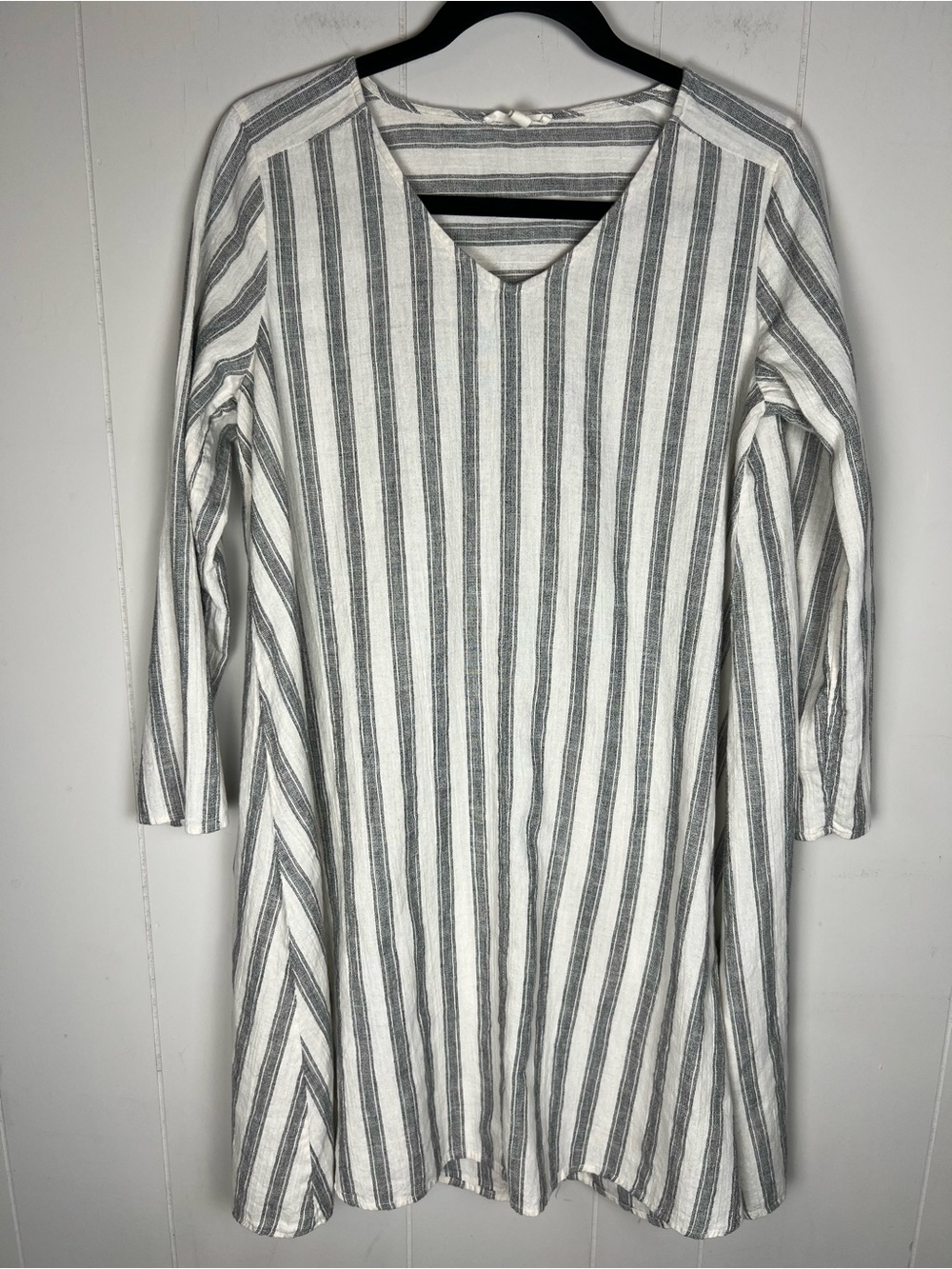 Eileen Fisher Cotton Linen Striped V-Neck Tunic Dress Coastal Lagenlook Size XS